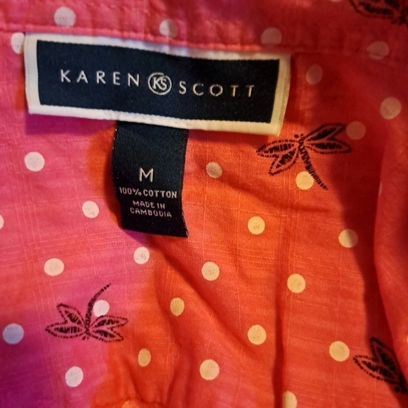Karen Scott Button up polka Dot- dragonfly print blouse 3/4 sleeve size Medium - Picture 7 of 7